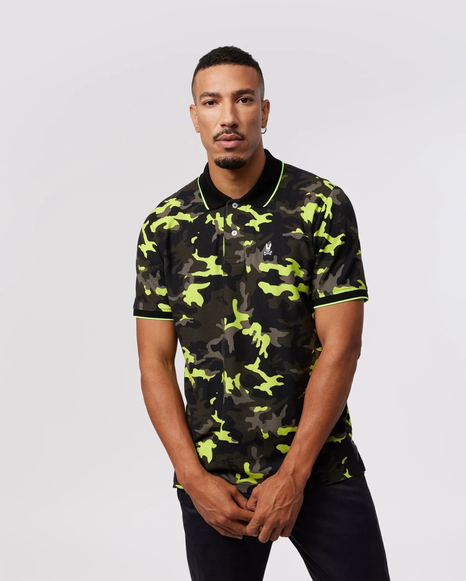Psycho Bunny Mens Plano Pique Camo Polo - Black