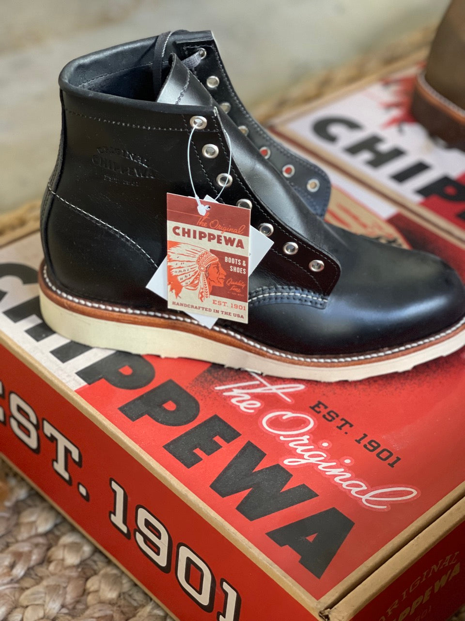 Original CHIPPEWA 6 PLAIN TOE WEDGE BOOTS 1901M15 BLACK mens boots