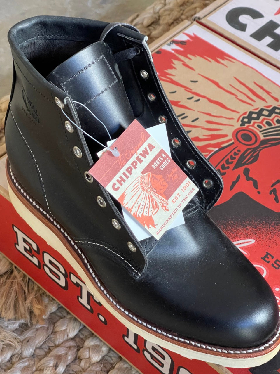 Original CHIPPEWA 6 PLAIN TOE WEDGE BOOTS 1901M15 BLACK mens boots