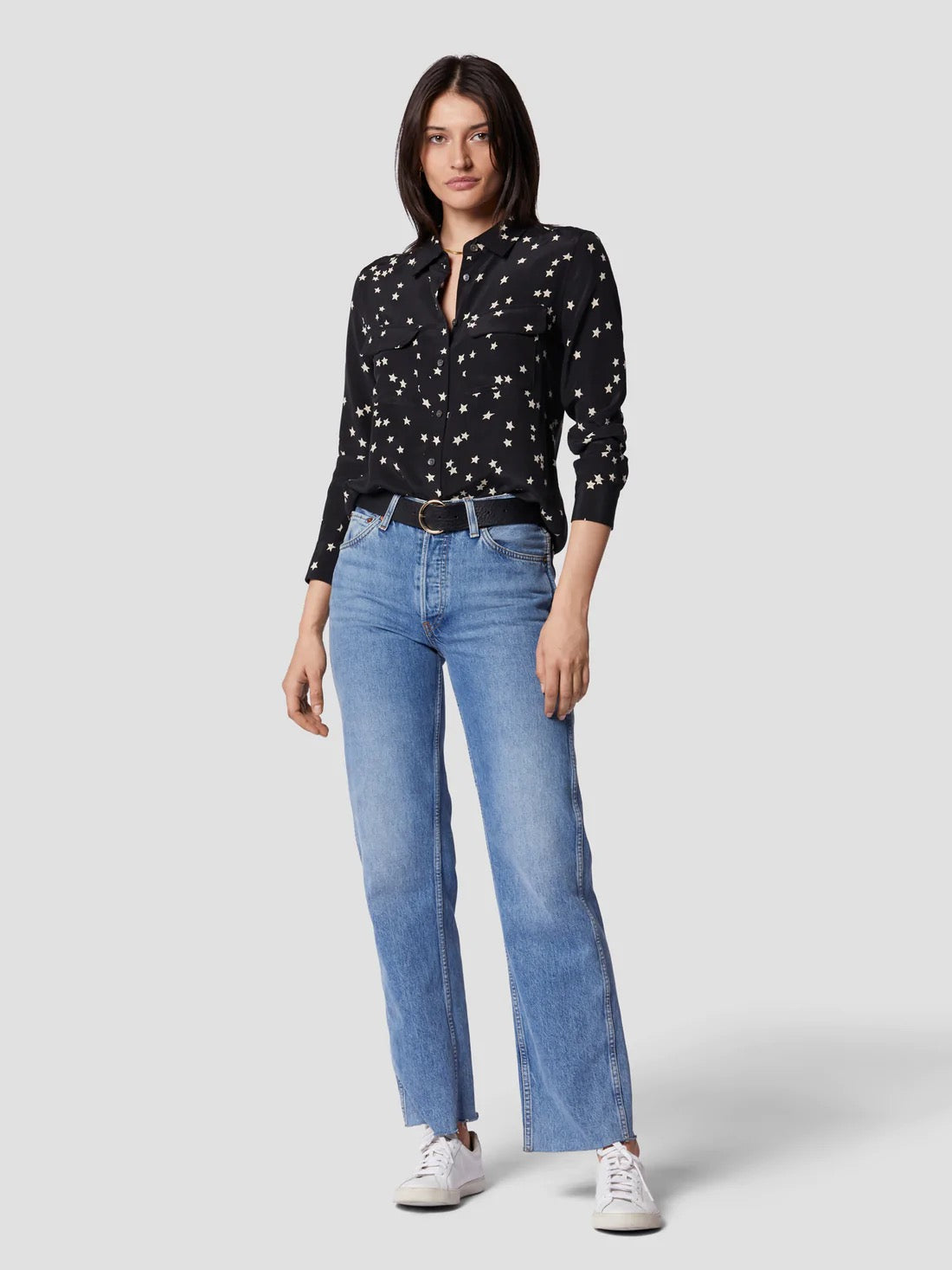 EQUIPMENT Slim Signature Silk Shirt - TRUE BLACK STAR PRINT