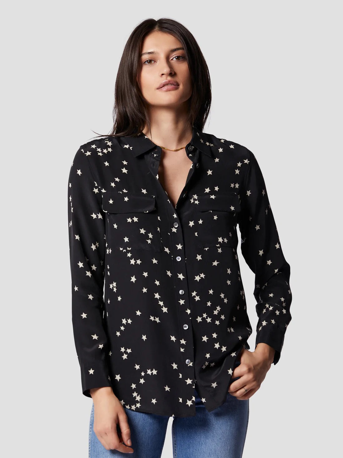 EQUIPMENT Slim Signature Silk Shirt - TRUE BLACK STAR PRINT
